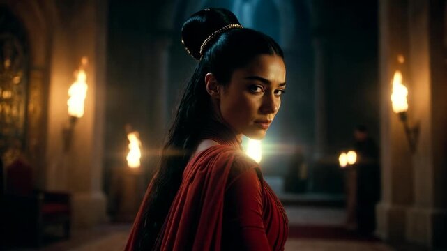 A woman in red attire in a dim medieval interior, cinematic style, on a torchlit background, conveying a concept of mystery