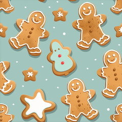 Obraz premium Gingerbread cookies seamless pattern with smiling figures and festive shapes on blue background. Cute gingerbread cookies include stars and a decorated Christmas tree among snowflakes.