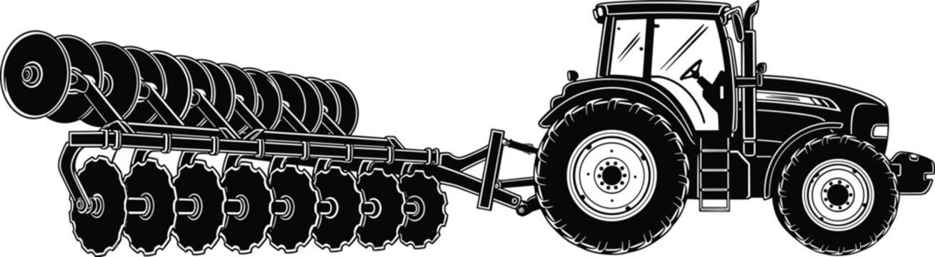 Black tractor silhouette pulling disc harrow isolated on white background for agriculture design, farming machinery, soil cultivation and industrial illustration.