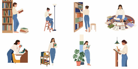 Fototapeta premium Vector illustration set of a young woman engaged in various reading, writing, and studying activities in a library or home office setting.