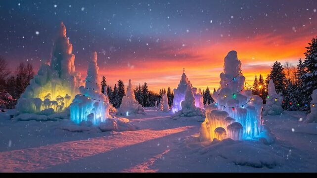Winter landscape with illuminated ice formations under sunset sky