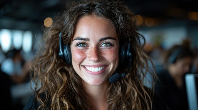 A joyful woman wearing a headset in a call center, radiating positivity and professionalism in a busy environment, highlighting customer service and interpersonal connections.