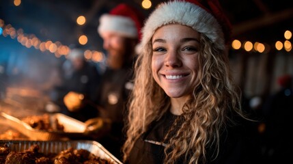 Fototapeta premium A cheerful girl donning a Santa hat smiles while serving delicious BBQ food at a festive outdoor gathering, embodying the spirit of community and celebration during the holidays.