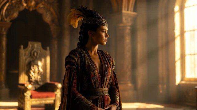 A person in elaborate historical attire in a grand hall interior on warm sunlight background, concept of royalty and legacy