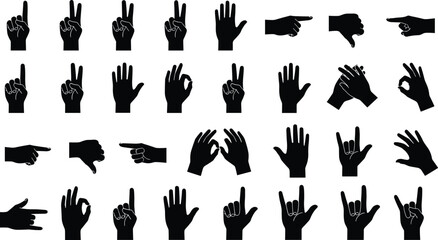 Black silhouette vector illustration showing diverse hand gestures including peace, thumbs up, pointing, OK sign, and I love you © Creative Stoker