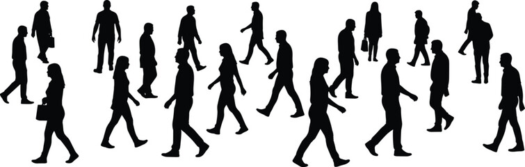Fototapeta premium Black silhouette vector illustration showing diverse people walking in different directions carrying bags, briefcases, and casual postures