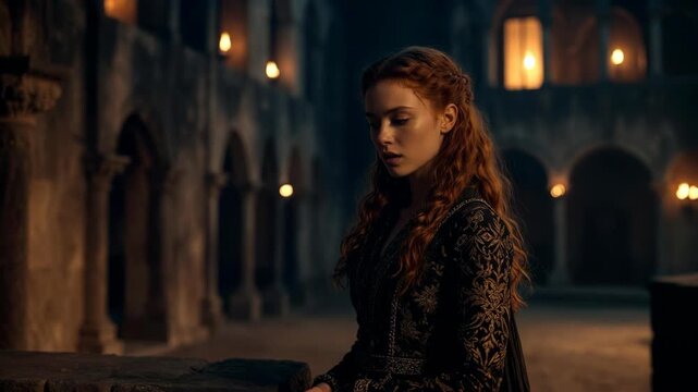 Woman in medieval attire standing in old stone corridors, cinematic style, on dark torchlit background, concept of mystery and history