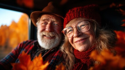 Fototapeta premium An elderly couple smiles warmly together, surrounded by autumn leaves, showcasing the beauty of companionship, love, and the joyful moments shared in the golden years of life.