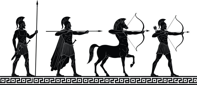 Black silhouette vector illustration showing ancient Greek warriors and centaur in mythological combat scene inspired by classical pottery art
