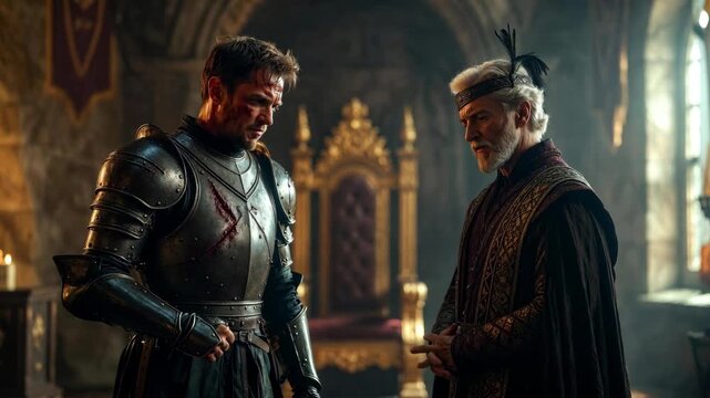 Scene with armored knight and elder ruler in detailed medieval style on castle interior background, concept of leadership and duty