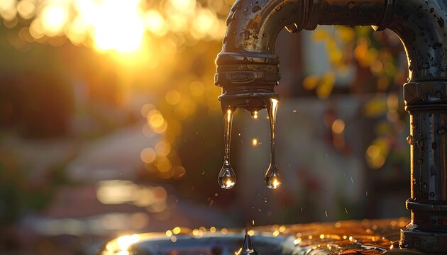 Close-up of a rustic, aged metal faucet with water droplets. Sunset light creates blurred background, bokeh effect