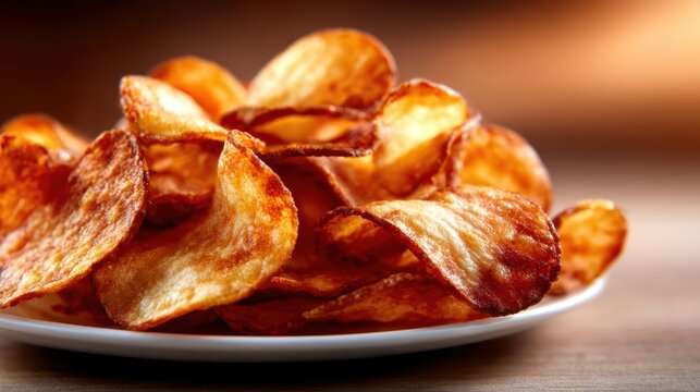 A tantalizing pile of crispy golden potato chips arranged neatly on a plate, symbolizing a popular and indulgent snack enjoyed by people of all ages.