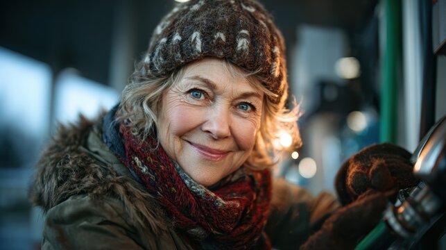 A smiling elderly woman wearing a cozy hat and scarf stands at a gas station, radiating warmth and a love for life amidst a close-knit atmosphere of comfort and community.