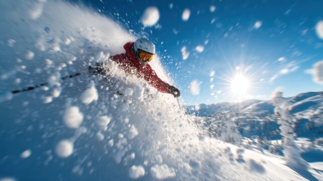An exhilarating moment captured as a skier carves through fresh powder snow under a bright sun, embodying the spirit of adventure and the thrill of winter sports.
