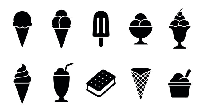 A black and white collection of various ice cream icons, including cones, popsicles, bowls, and cups, perfect for food-related designs.
