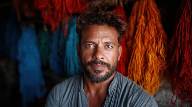 A striking portrait of a man exuding charisma and depth, set against a vibrant tapestry of colorful yarns, showcasing artistry and craftsmanship.