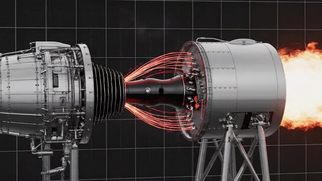 Close-up view of a jet engine with flames and exhaust on display.