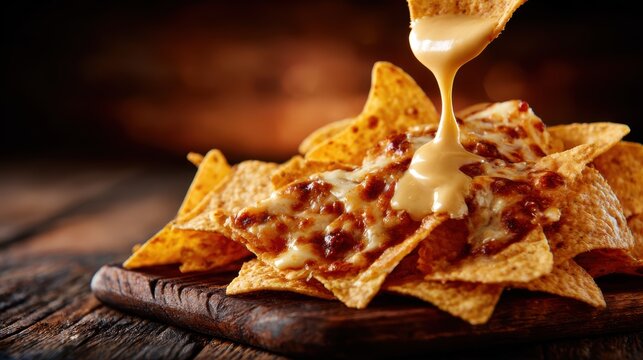A close-up of loaded nachos, topped with melted cheese and flavorful chili, highlighting the indulgent and savory aspects of this classic comfort food.