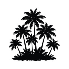 Fototapeta premium A detailed black silhouette of a tropical palm tree cluster isolated on a clean white background