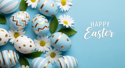 Naklejka premium Happy easter greeting card with blue and white eggs with gold patterns and daisy flowers on blue background