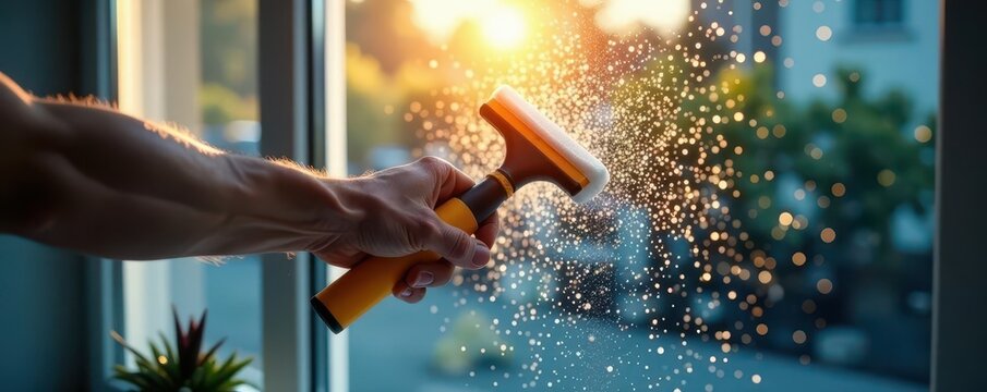 A strong arm pushes a squeegee across a spotless window , precision, building