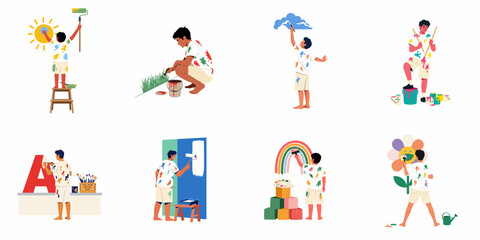 Fototapeta premium Set of flat vector illustrations featuring a young boy creatively painting nature elements, letters, and walls with colorful paint and brushes.