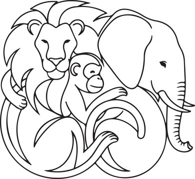 Vector illustration of lion, monkey, and elephant