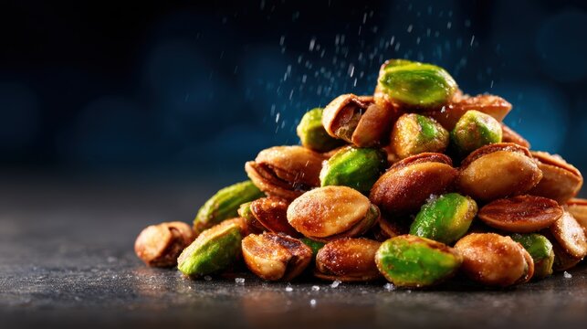 A colorful pile of roasted pistachios showcases their tasty green and brown hues, enhanced by a sprinkle of salt, perfect for snacking or culinary uses.