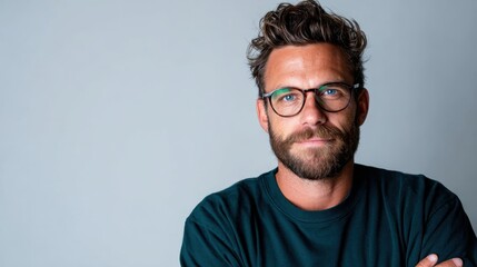Fototapeta premium A confident man with stylish glasses poses against a minimalistic background, representing modern professionalism and individuality in an engaging and relaxed portrait.