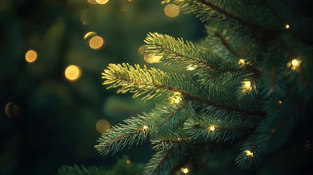 Sparkling Christmas tree branch with glowing lights in night. Festive pine needle background for holiday background banner. Magical New year celebration concept.