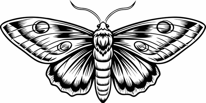 Detailed Monochrome Moth Line Art Illustration