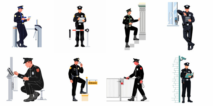 Set of security guards and police officers in uniform performing various duties such as monitoring entrances, checking IDs, and patrolling, isolated on white.
