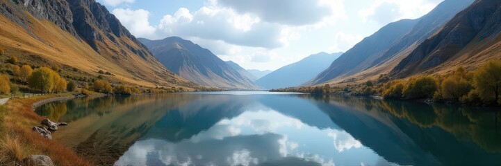 Fototapeta premium Buttermere panorama, dramatic fell backdrop, clear waters , dramatic, majestic