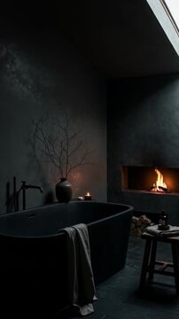 Dark modern bathroom interior with black bathtub and burning fireplace. Minimalist luxury spa room design with cozy fire. Contemporary home decoration architecture b-roll