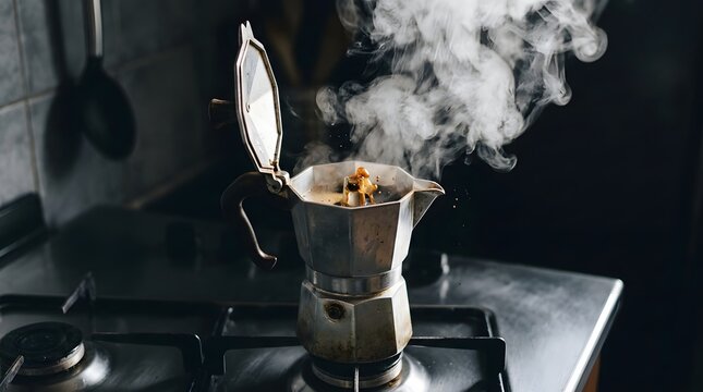 Steam Rising from Open Moka Pot Brewing Fresh Coffee on Gas Stove in Moody Kitchen