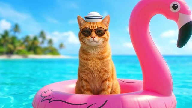 Funny orange cat in sunglasses and sailor hat sitting in a pink flamingo float. Pet enjoying summer vacation at a tropical beach. Animal holiday concept