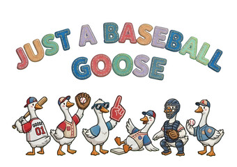 Fototapeta premium Funny Baseball Goose Team Graphic Tee Cute Cartoon Birds Playing Baseball Sports Fan Shirt Design.