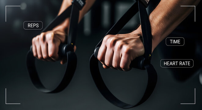 Person performing suspension training with digital heart rate and reps tracking overlay
