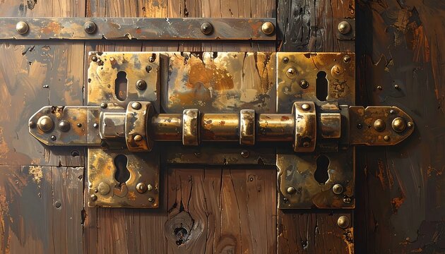 Close-up of a rustic wooden door with a large, ornate metal bolt and keyhole details, aged and weathered