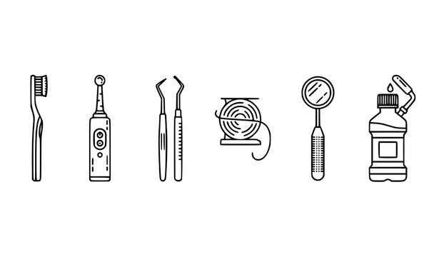 Line-art dental tool icon set: toothbrushes, floss, dental picks, mouthwash, dental mirror