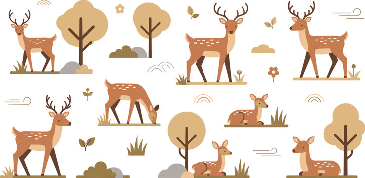 Cute deer in forest collection with woodland animals and autumn nature elements flat vector illustration set