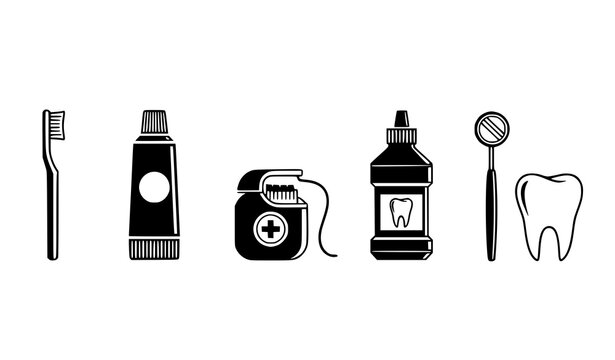 Dental hygiene icon set: toothbrush, toothpaste, floss, mouthwash, and dental mirror