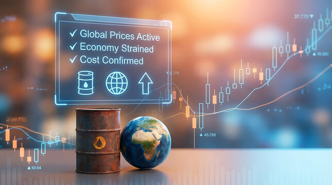 Global economy and oil price concept with barrel earth and digital screen displaying market trends. Conflict between the United States and Iran is causing oil prices to rise on the stock market