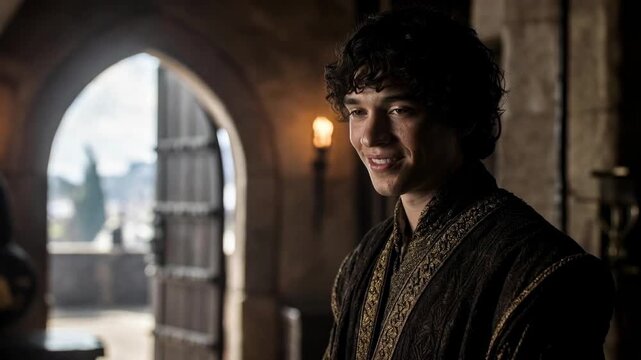 Young man in ornate robe inside dim stone hall in cinematic style on medieval interior background, concept of historical mood