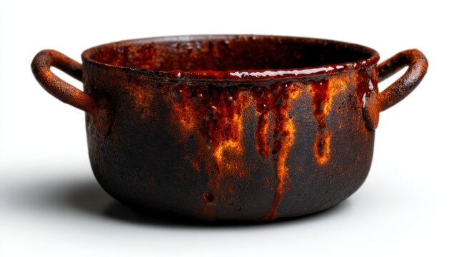A striking image of an old, rusted pot with sauce dripping down its sides, revealing the beauty in decay and the passage of time within a culinary context.