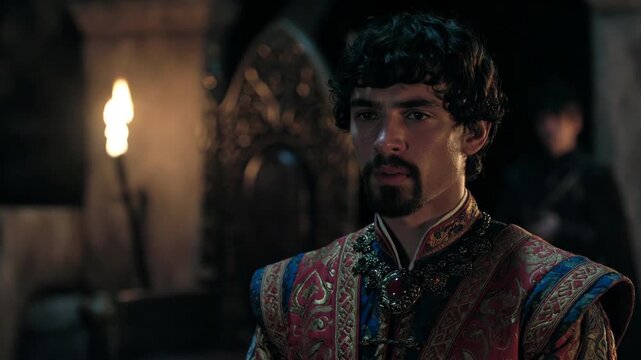 A man in ornate historical costume in a dim hall, cinematic style, on a dark interior background, concept of medieval royalty