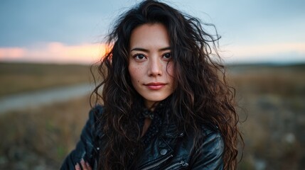Fototapeta premium A close-up portrait of a woman with curly hair in a natural landscape, capturing her confidence and connection to the environment in soft evening light.
