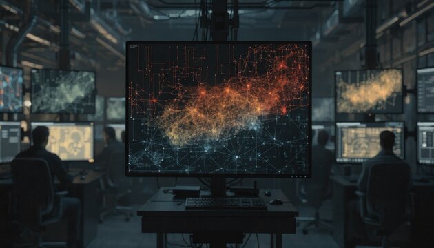 Central monitor in AI surveillance room sharply showing flagged irregularities in crypto derivative markets while secondary screens and operators fade into soft focus.