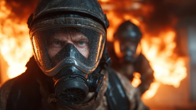 Two brave firefighters clad in protective gear confront a raging fire, exemplifying teamwork and heroism in battling danger to save lives and property during emergencies.