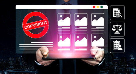 A visual representation of copyright protection, showcasing a tablet displaying an image gallery...